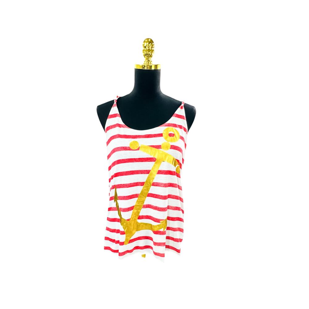FRZ Striped Gold Anchor Racerback Tank Top Women's Size Large Red White Nautical
